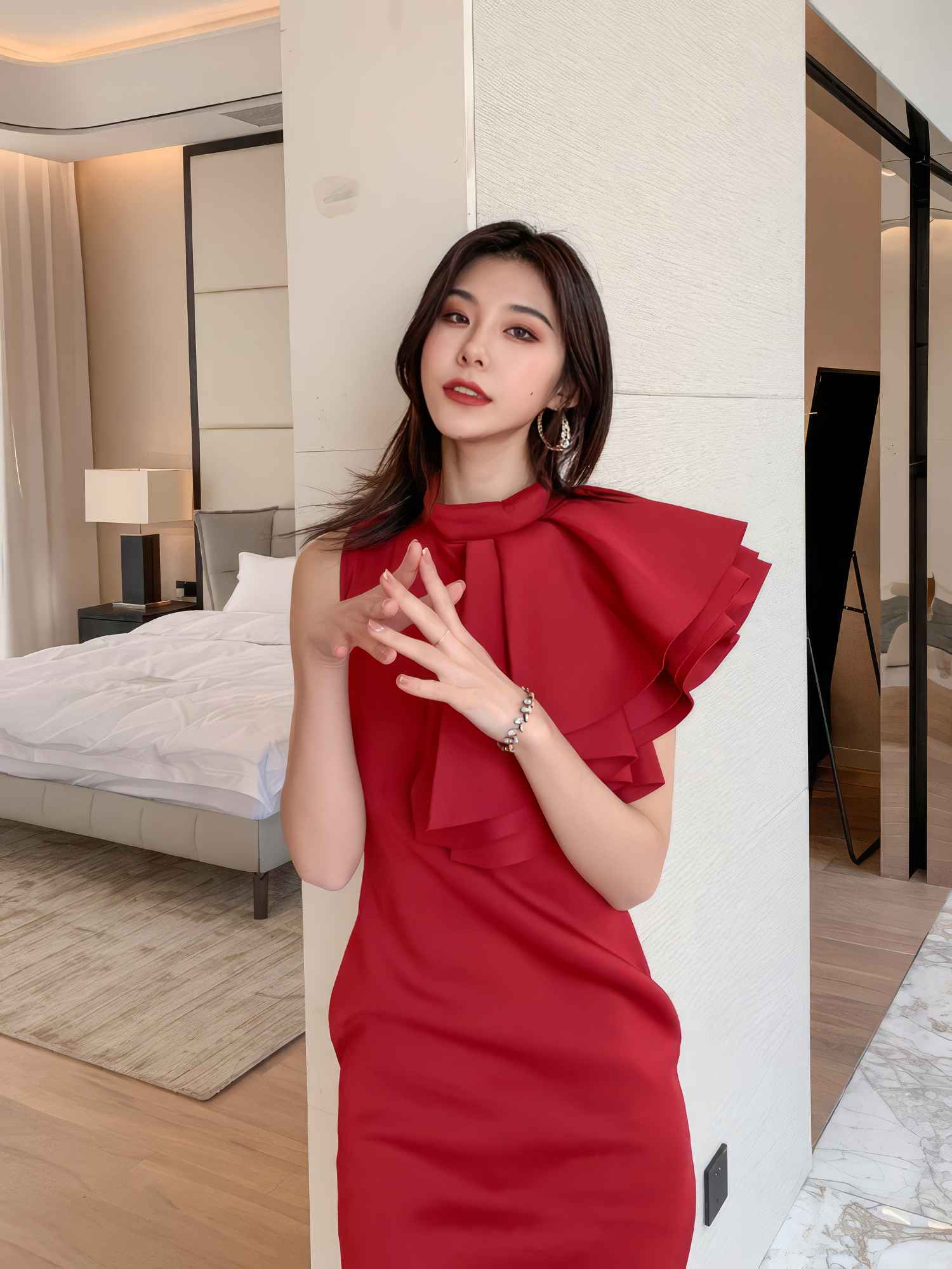 Ruffle Trimmed Shoulder Slit Hem Dress