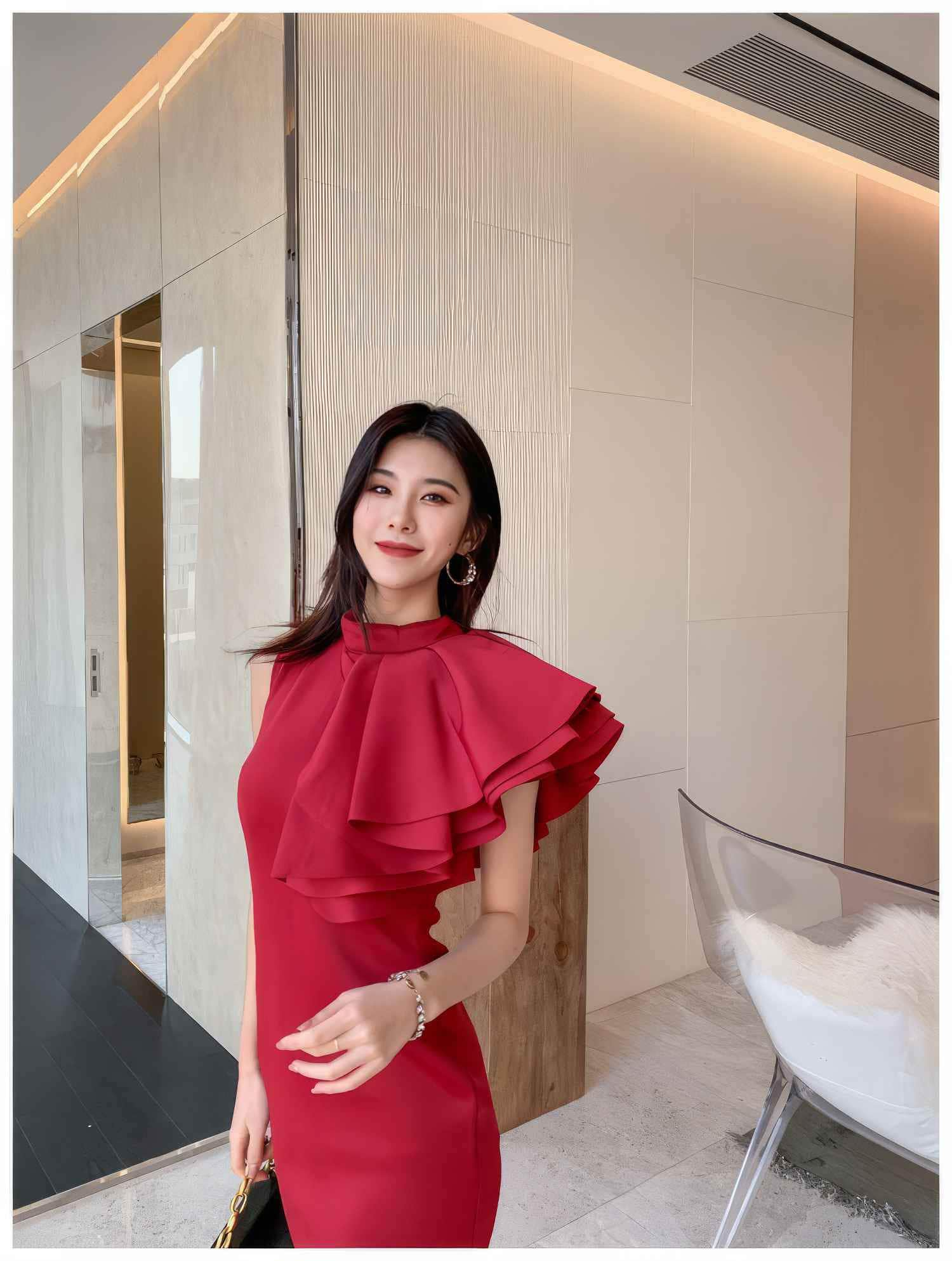 Ruffle Trimmed Shoulder Slit Hem Dress