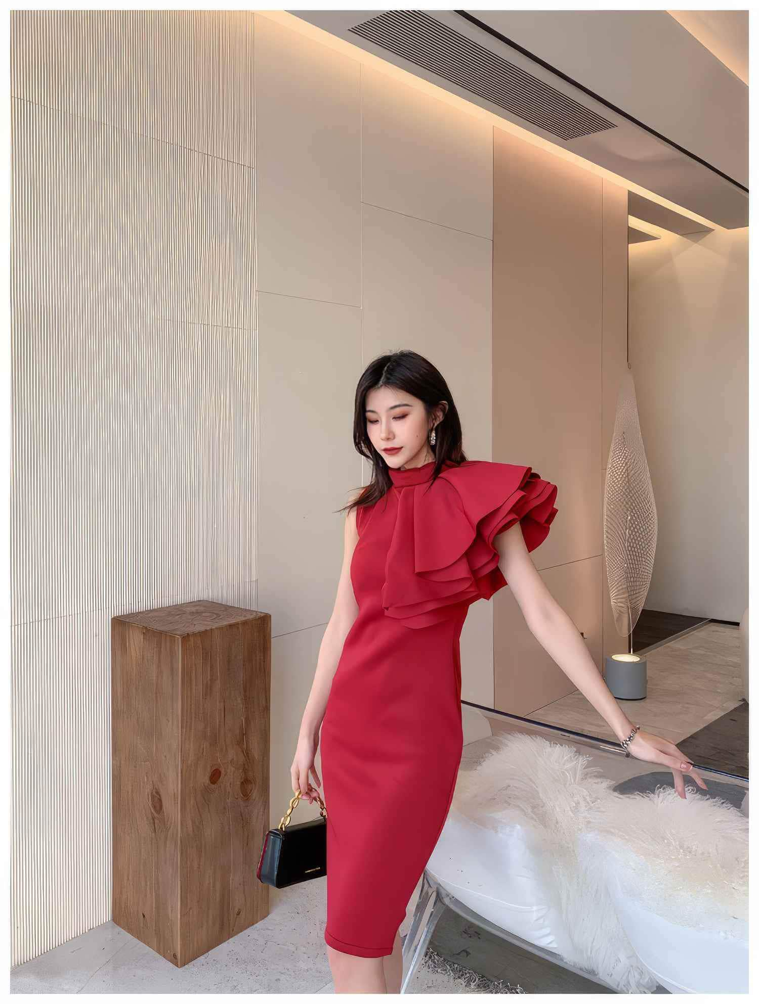 Ruffle Trimmed Shoulder Slit Hem Dress