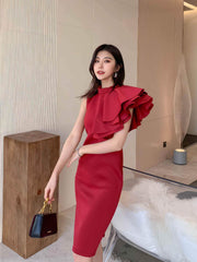 Ruffle Trimmed Shoulder Slit Hem Dress XS / Crimson