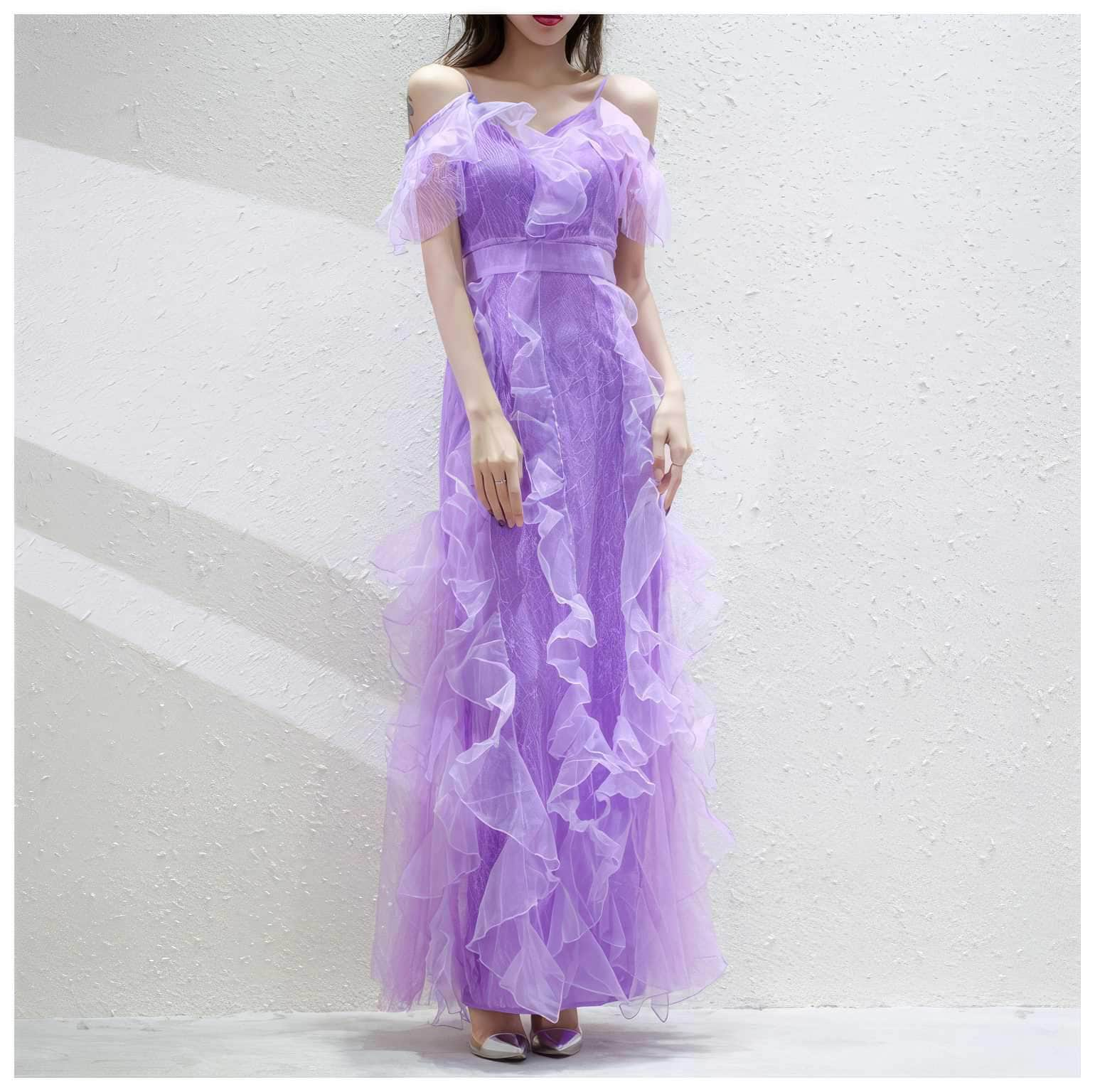 Ruffled Accented Strappy Lace Maxi Dress S / MediumPurple