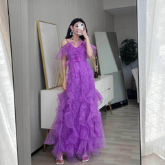 Ruffled Accented Strappy Lace Maxi Dress S / Purple