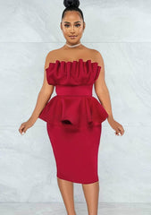 Ruffled Bust Ruched Peplum Mini Dress US 4-6 / Red