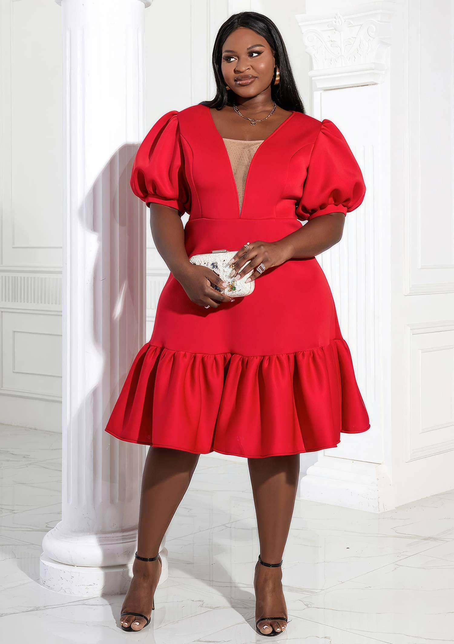 Ruffled Hem Dress with Puff Sleeves