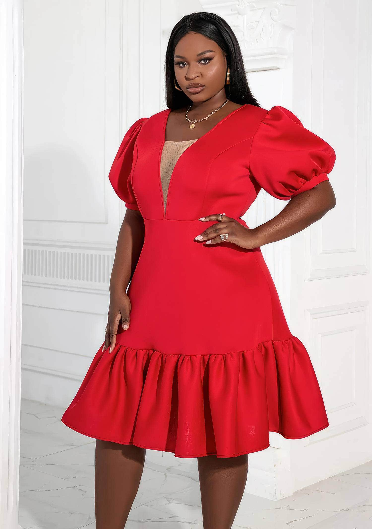 Ruffled Hem Dress with Puff Sleeves