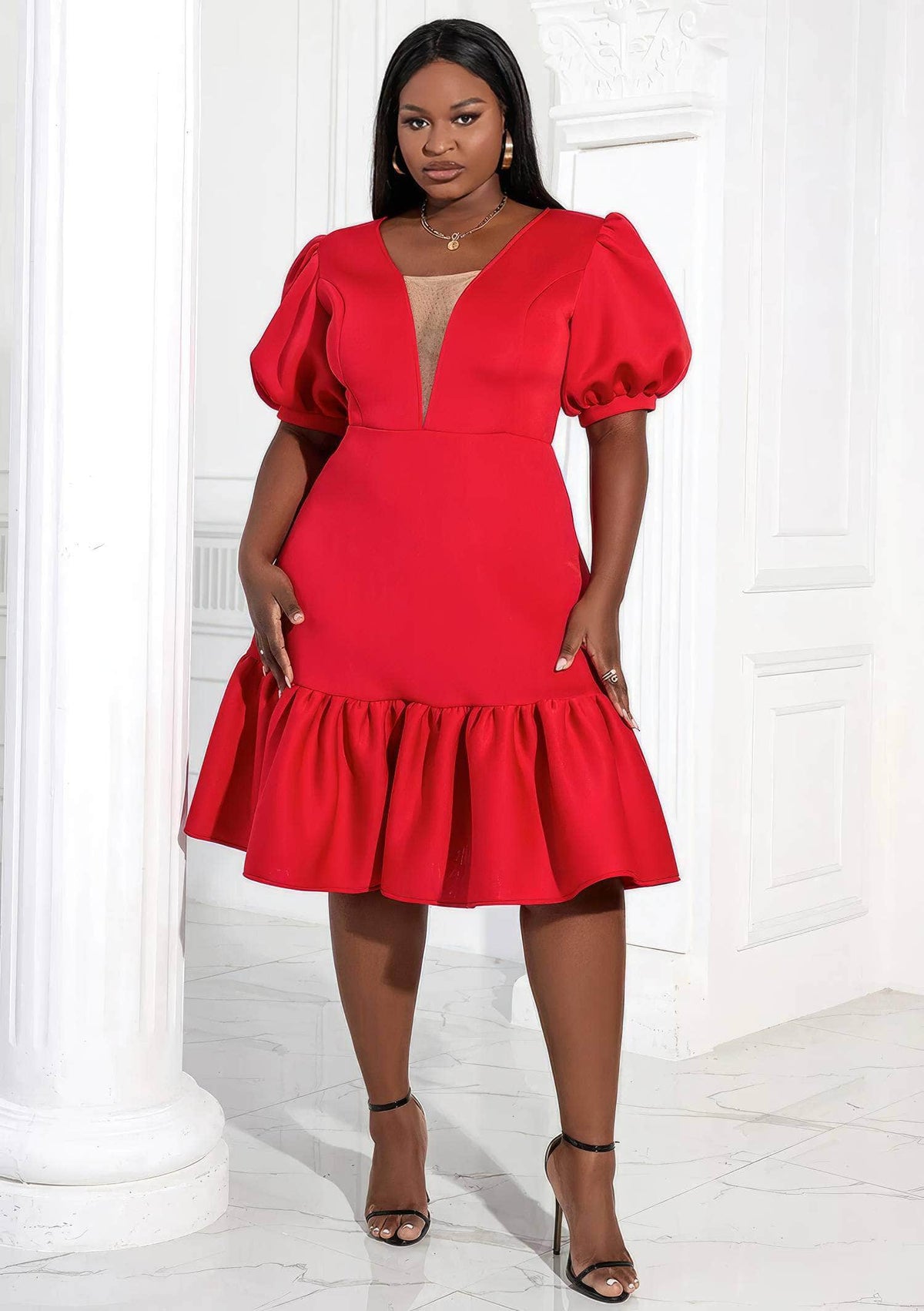 Ruffled Hem Dress with Puff Sleeves US 4-6 / Red