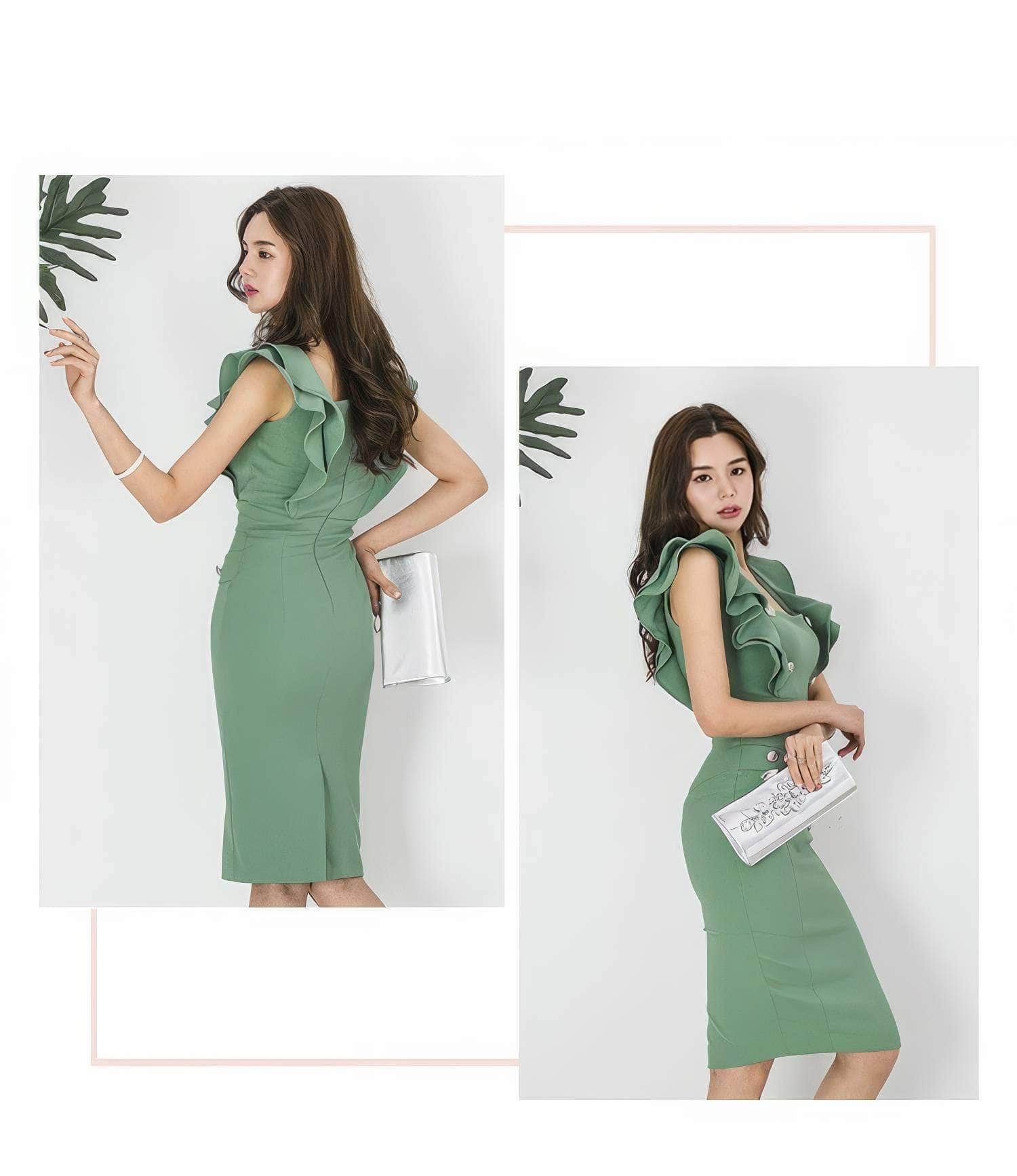 Ruffled Lantern Sleeves Bodycon Midi Dress