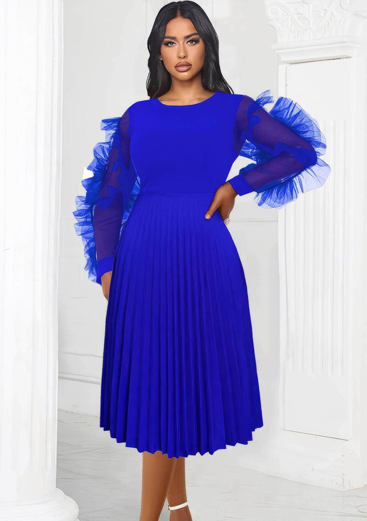 Ruffled Mesh Sleeves Pleated Dress