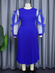 Ruffled Mesh Sleeves Pleated Dress