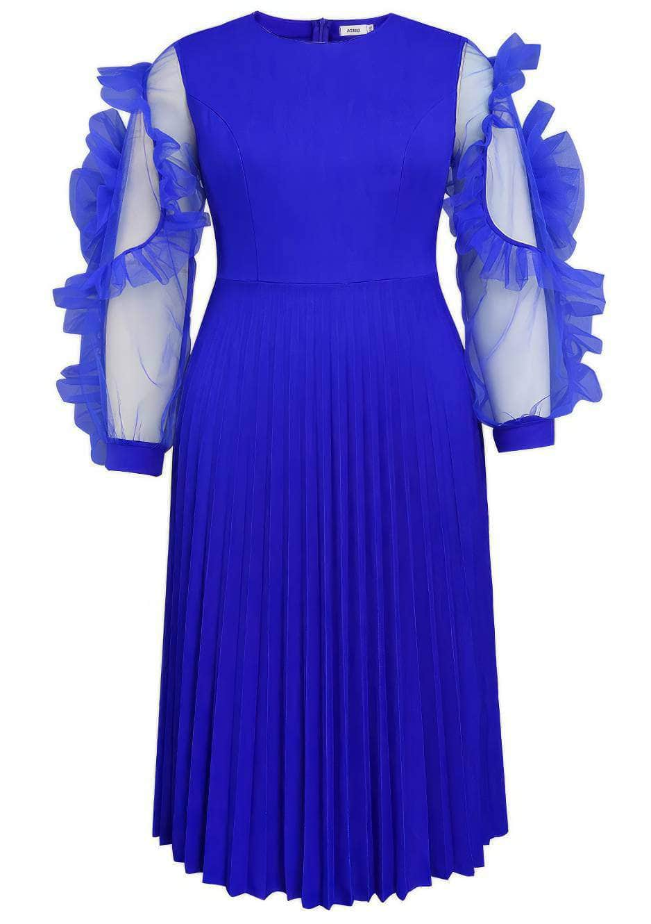 Ruffled Mesh Sleeves Pleated Dress