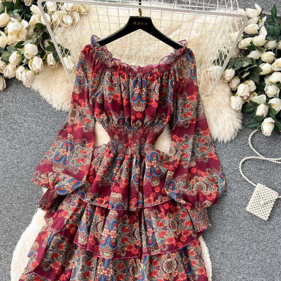 Ruffled Off Shoulder Lantern Sleeves Floral Tiered Hem Dress