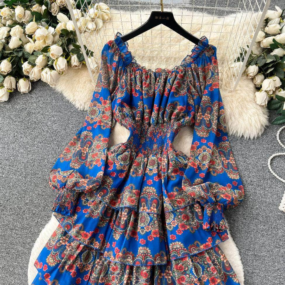 Ruffled Off Shoulder Lantern Sleeves Floral Tiered Hem Dress