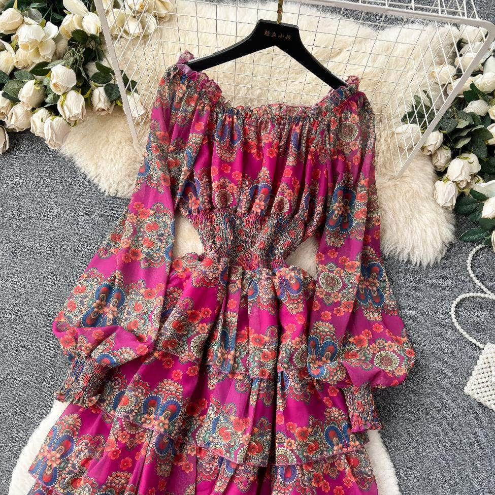 Ruffled Off Shoulder Lantern Sleeves Floral Tiered Hem Dress