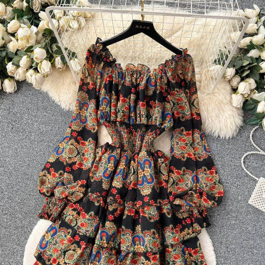 Ruffled Off Shoulder Lantern Sleeves Floral Tiered Hem Dress