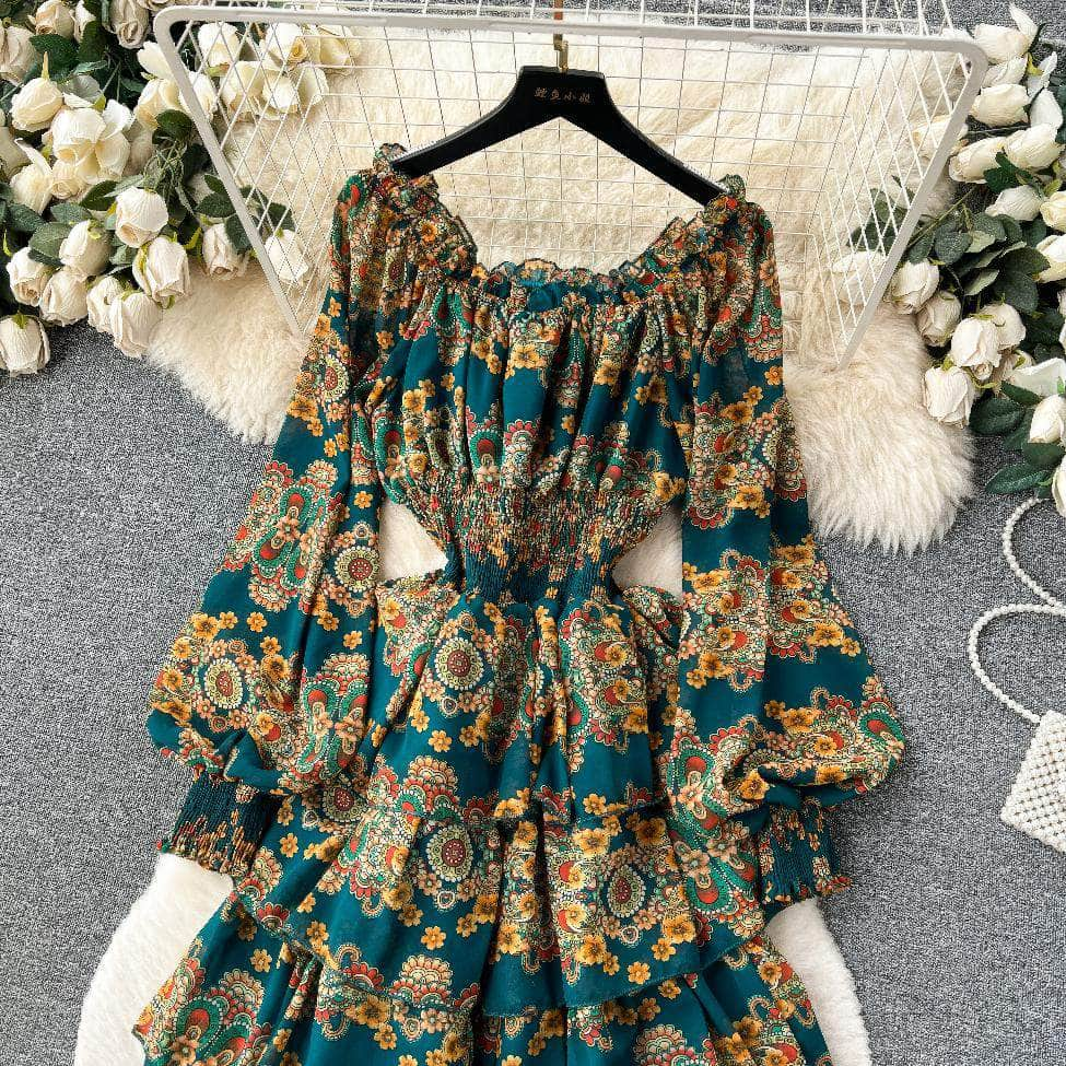 Ruffled Off Shoulder Lantern Sleeves Floral Tiered Hem Dress