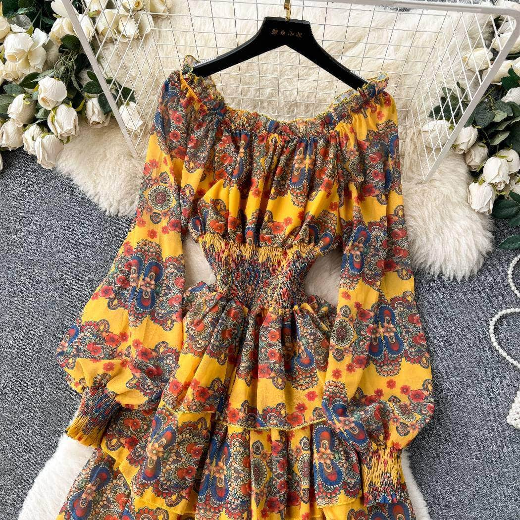 Ruffled Off Shoulder Lantern Sleeves Floral Tiered Hem Dress