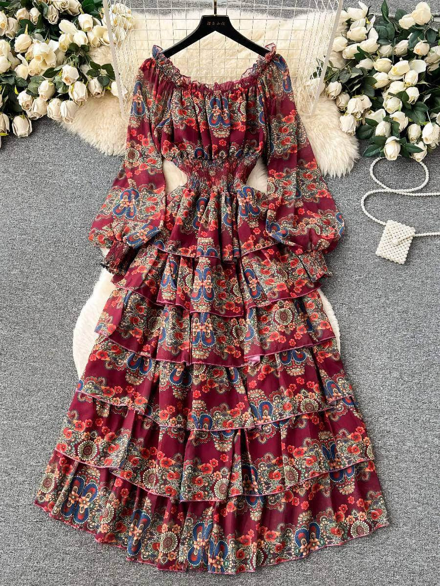 Ruffled Off Shoulder Lantern Sleeves Floral Tiered Hem Dress MAX SIZE / Maroon