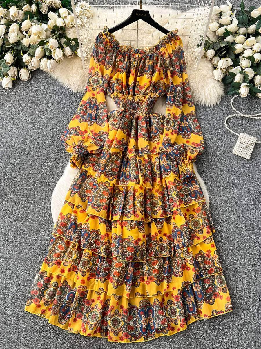 Ruffled Off Shoulder Lantern Sleeves Floral Tiered Hem Dress MAX SIZE / Yellow