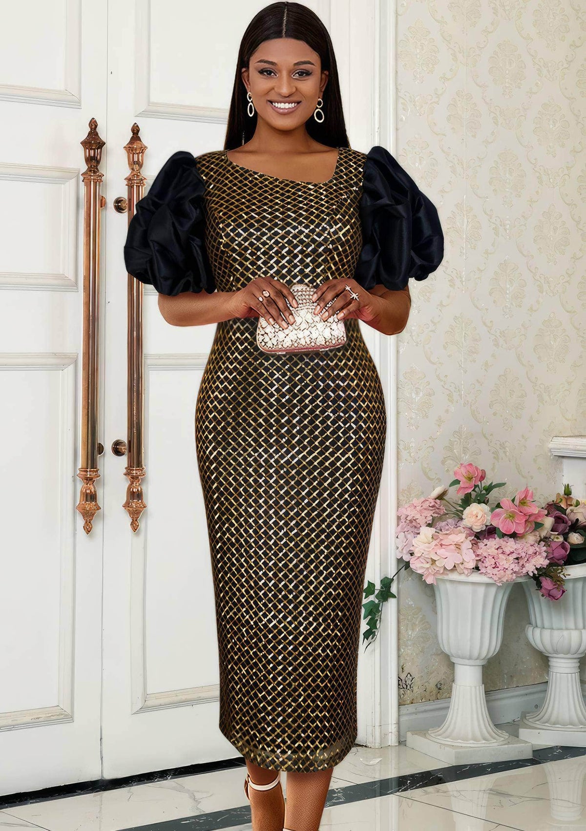 Ruffled Puff Sleeves Sequin Slimfit Dress US 4-6 / Gold