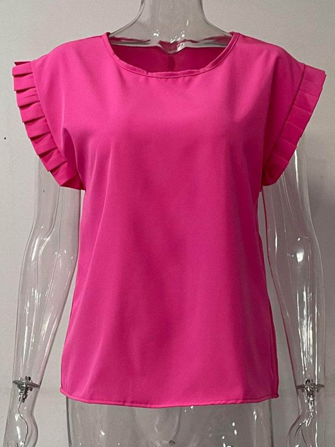 Ruffled Round Neck Cap Sleeve Blouse