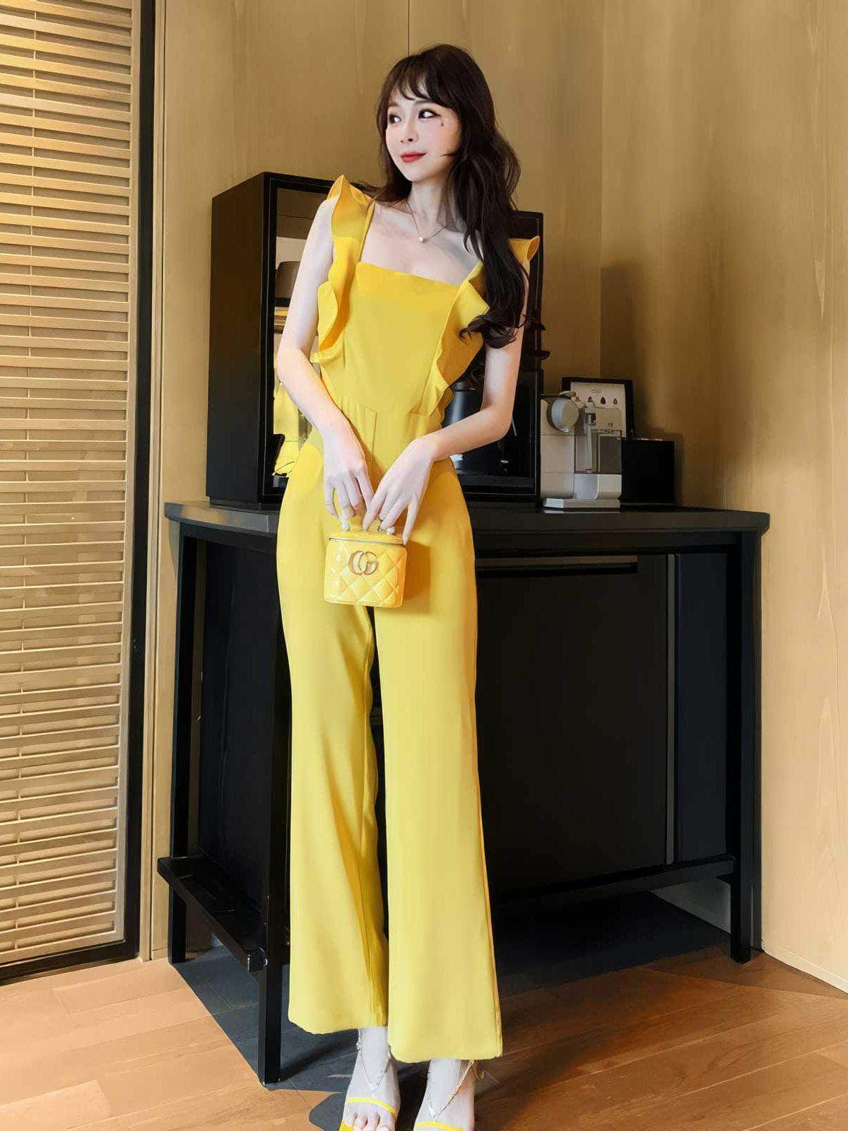 Ruffled Sleeves Wide Leg Jumpsuit S / Yellow