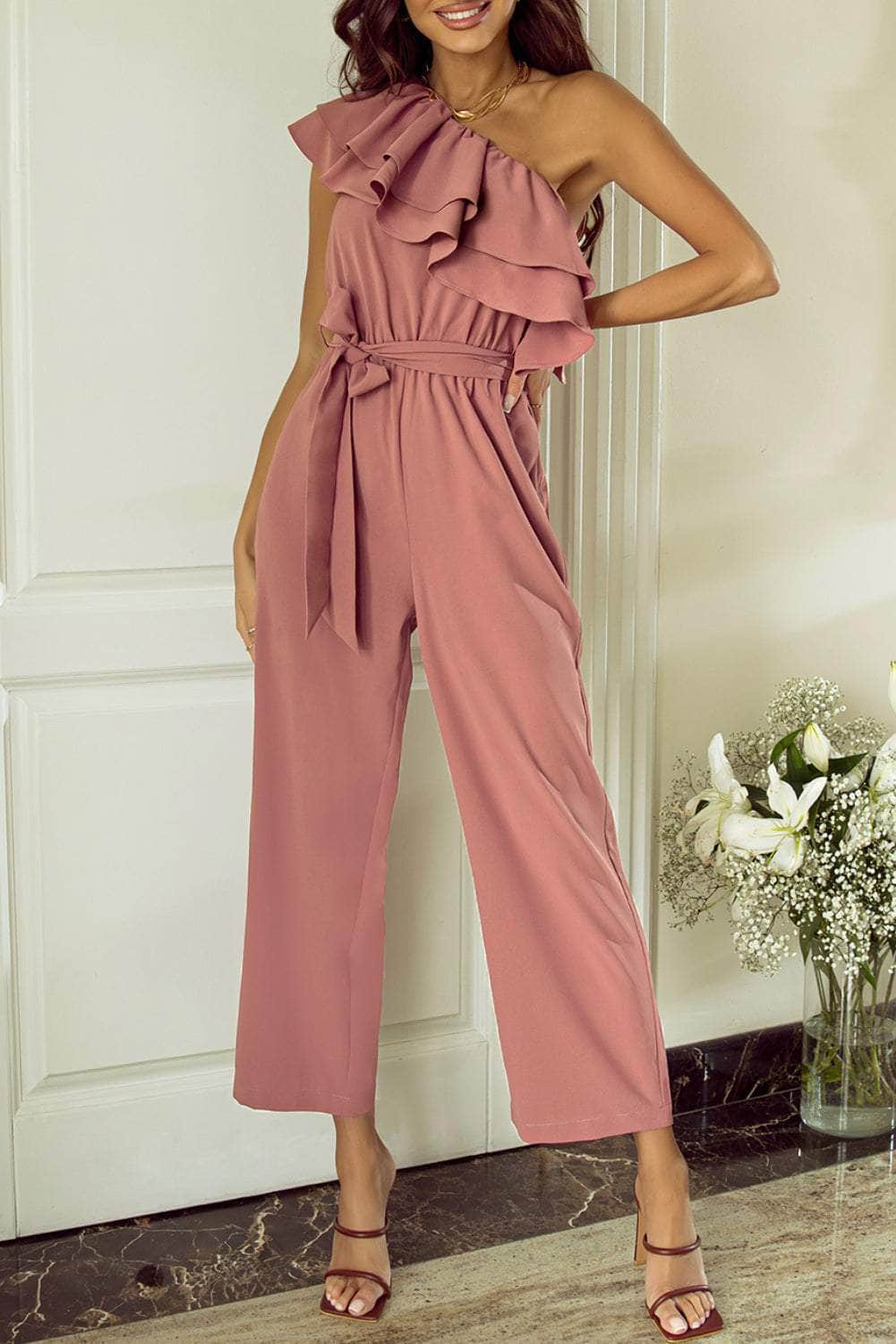 Ruffled Tied One-Shoulder Jumpsuit Dusty Pink / M