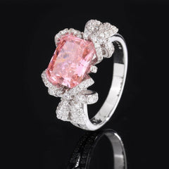 S925 Lab Simulated Diamond Crystal Padparadscha Floral Deco Ring 5 US / Padparadscha