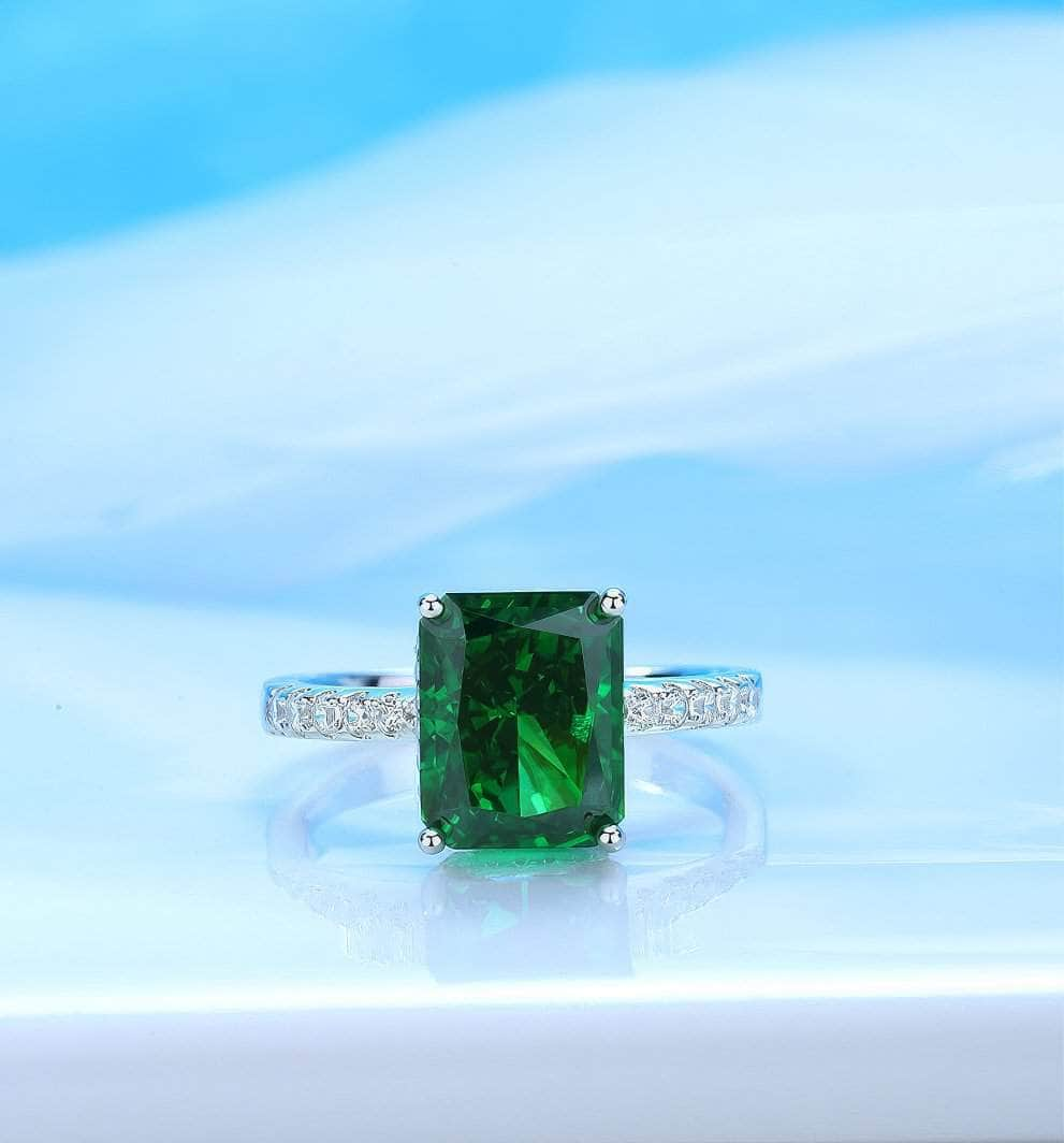 S925 Sterling Silver Emerald Cut Lab Diamond Gemstone Paved Crystal Ring