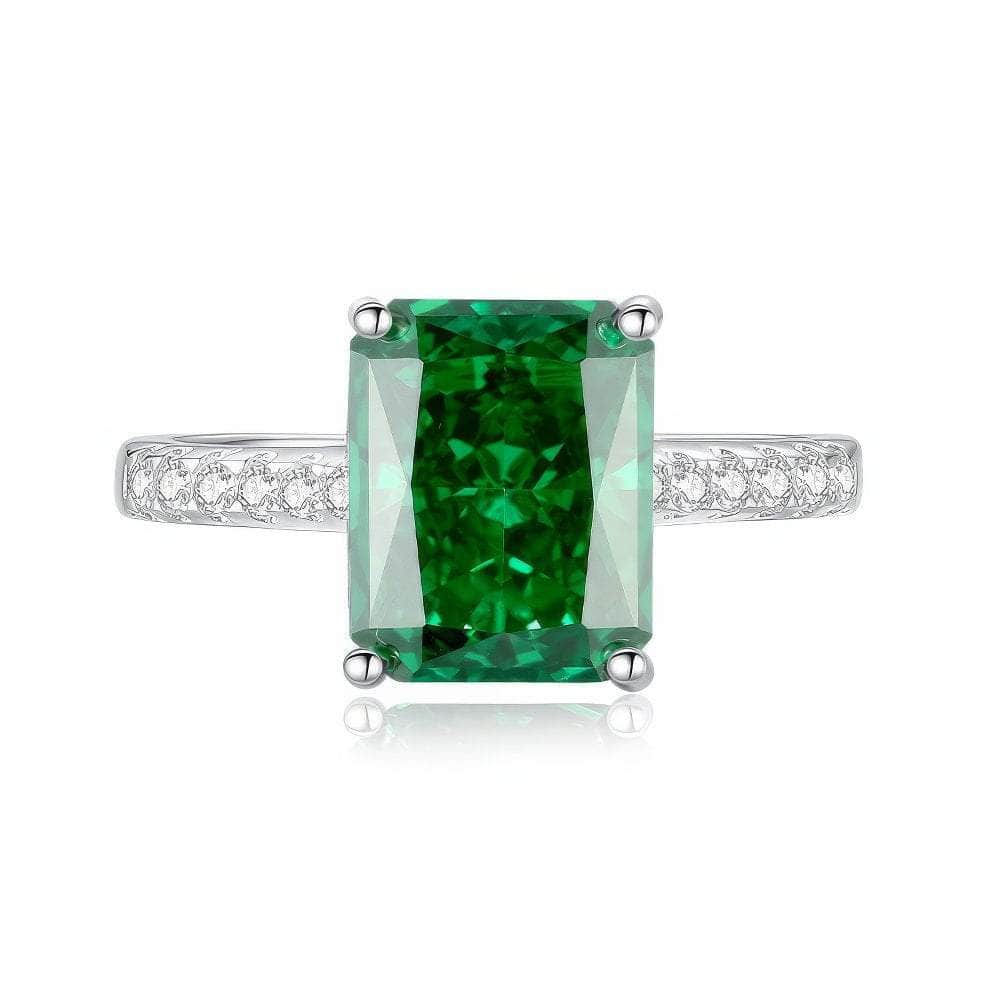 S925 Sterling Silver Emerald Cut Lab Diamond Gemstone Paved Crystal Ring 6 US / Emerald
