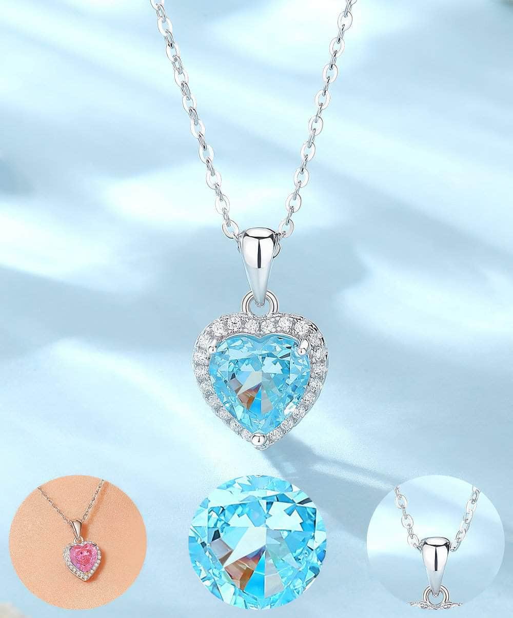 S925 Sterling Silver Heart-Shaped Paved Lab Grown Diamond Blue Topaz Necklace
