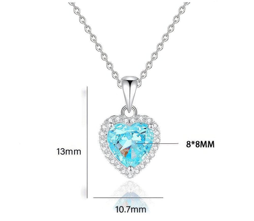 S925 Sterling Silver Heart-Shaped Paved Lab Grown Diamond Blue Topaz Necklace