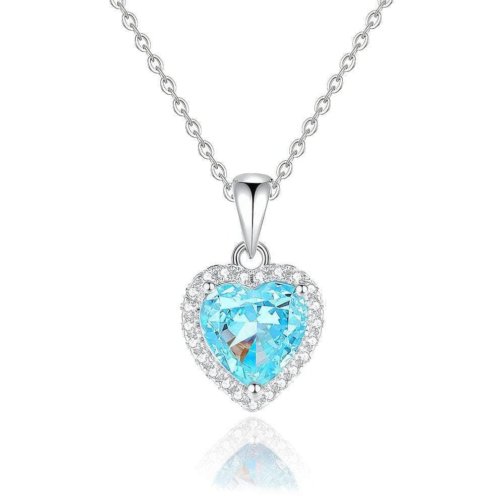 S925 Sterling Silver Heart-Shaped Paved Lab Grown Diamond Blue Topaz Necklace