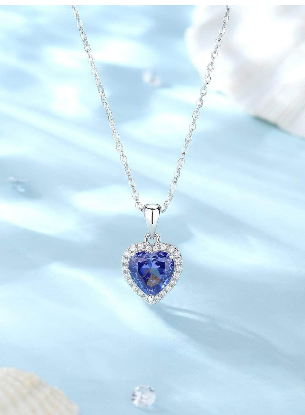 S925 Sterling Silver Heart-Shaped Paved Lab Grown Diamond Blue Topaz Necklace