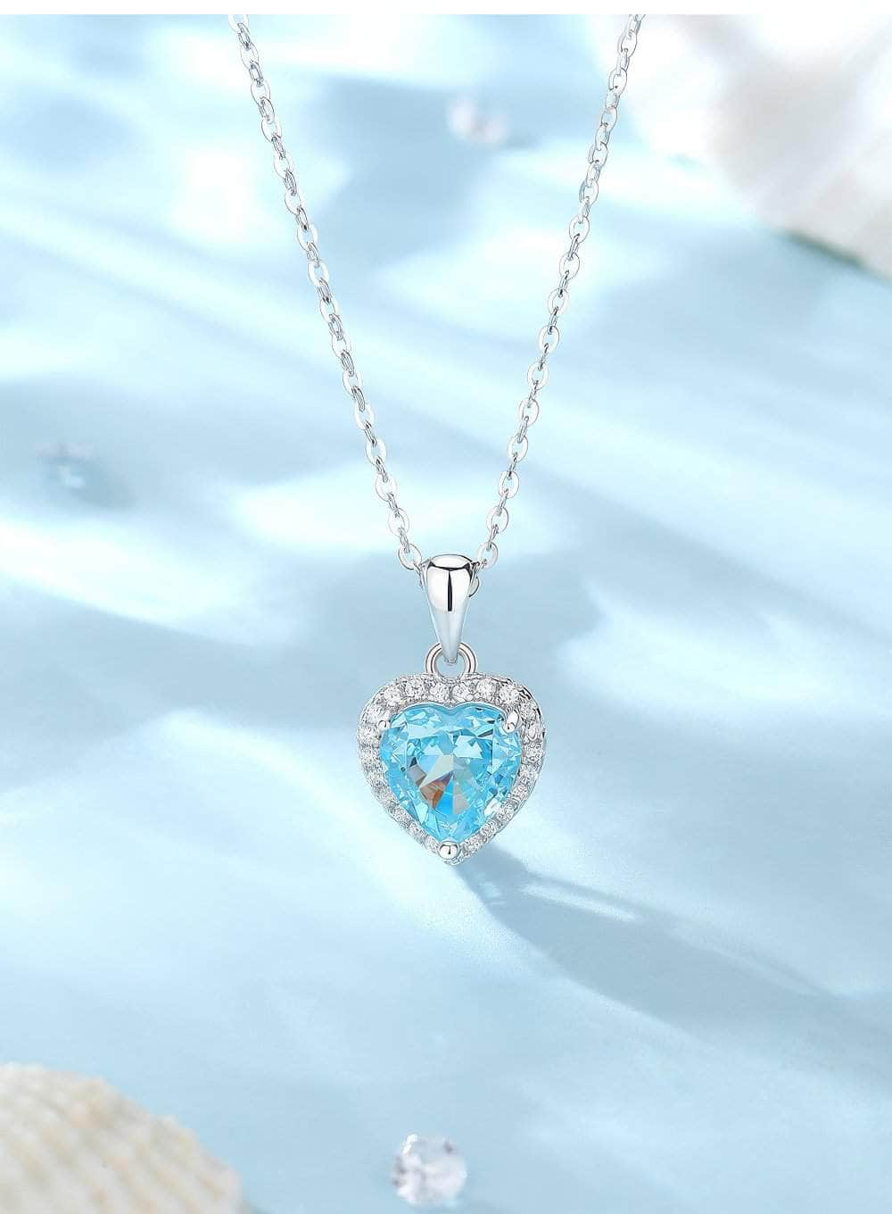 S925 Sterling Silver Heart-Shaped Paved Lab Grown Diamond Blue Topaz Necklace