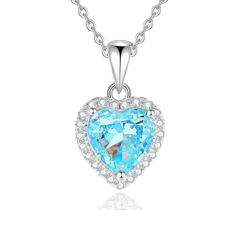 S925 Sterling Silver Heart-Shaped Paved Lab Grown Diamond Blue Topaz Necklace SeaBlue
