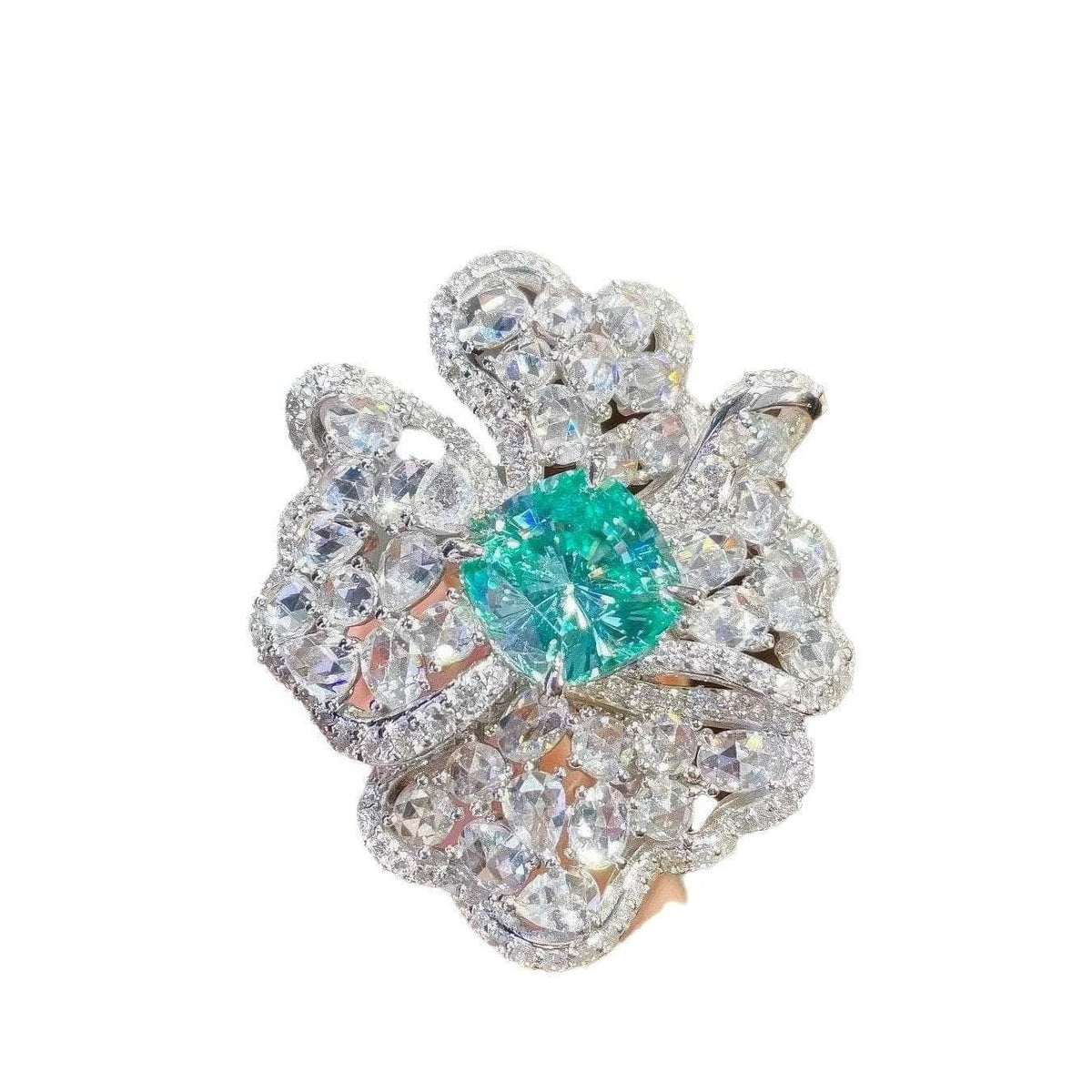 S925 Sterling Silver Lab Imitated Diamond Blue Crystal Cocktail Floral Deco Ring 6 US / Paraiba