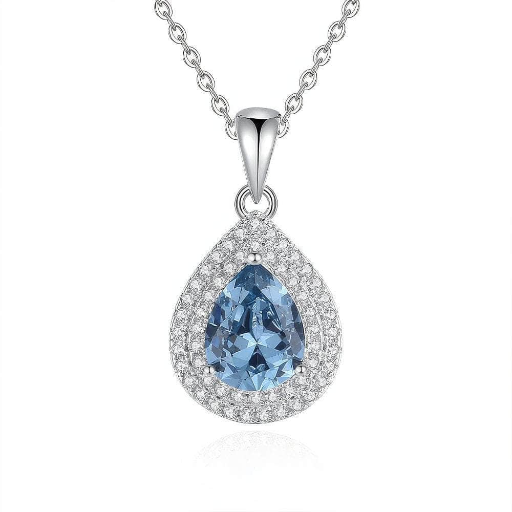 S925 Sterling Silver Paved Crystal Pear-Shaped Pendant Lab Diamond Necklace Blue Sapphire