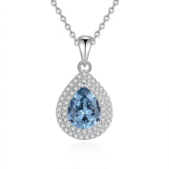 S925 Sterling Silver Paved Crystal Pear-Shaped Pendant Lab Diamond Necklace Blue Sapphire