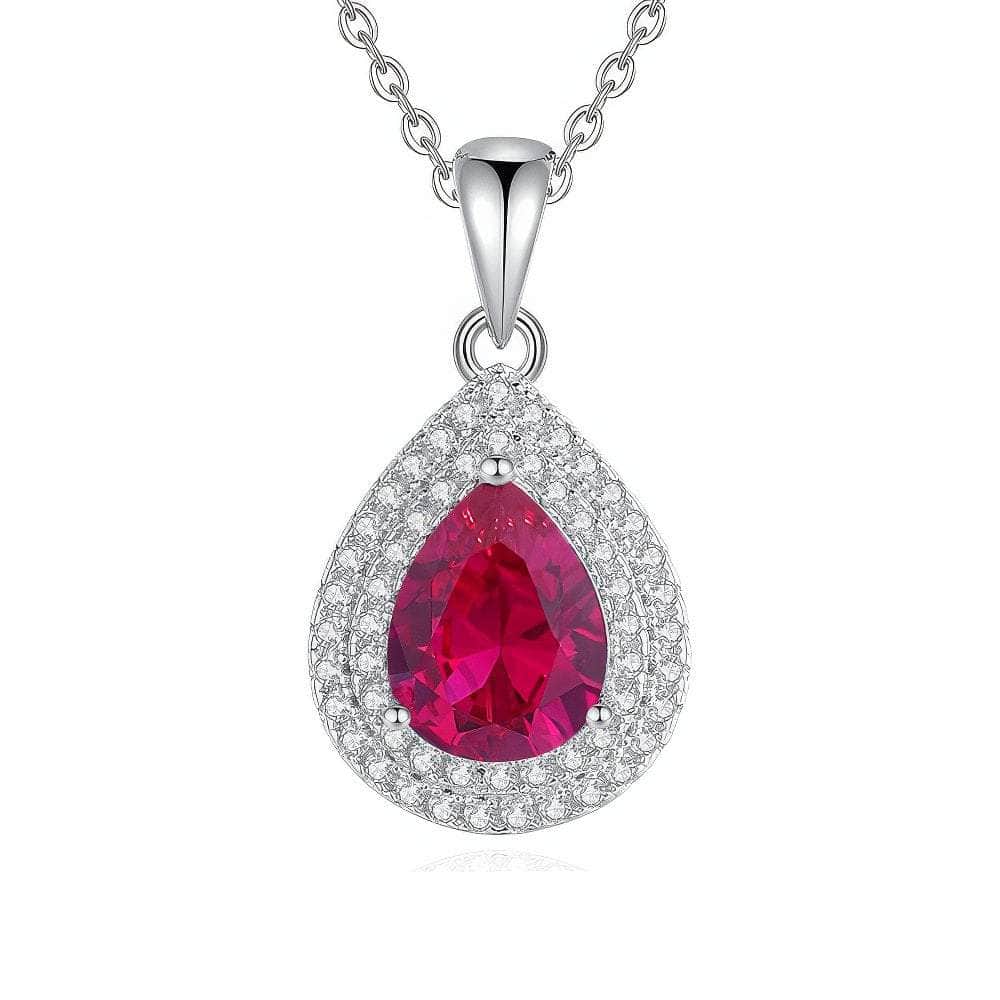 S925 Sterling Silver Paved Crystal Pear-Shaped Pendant Lab Diamond Necklace RubyRed