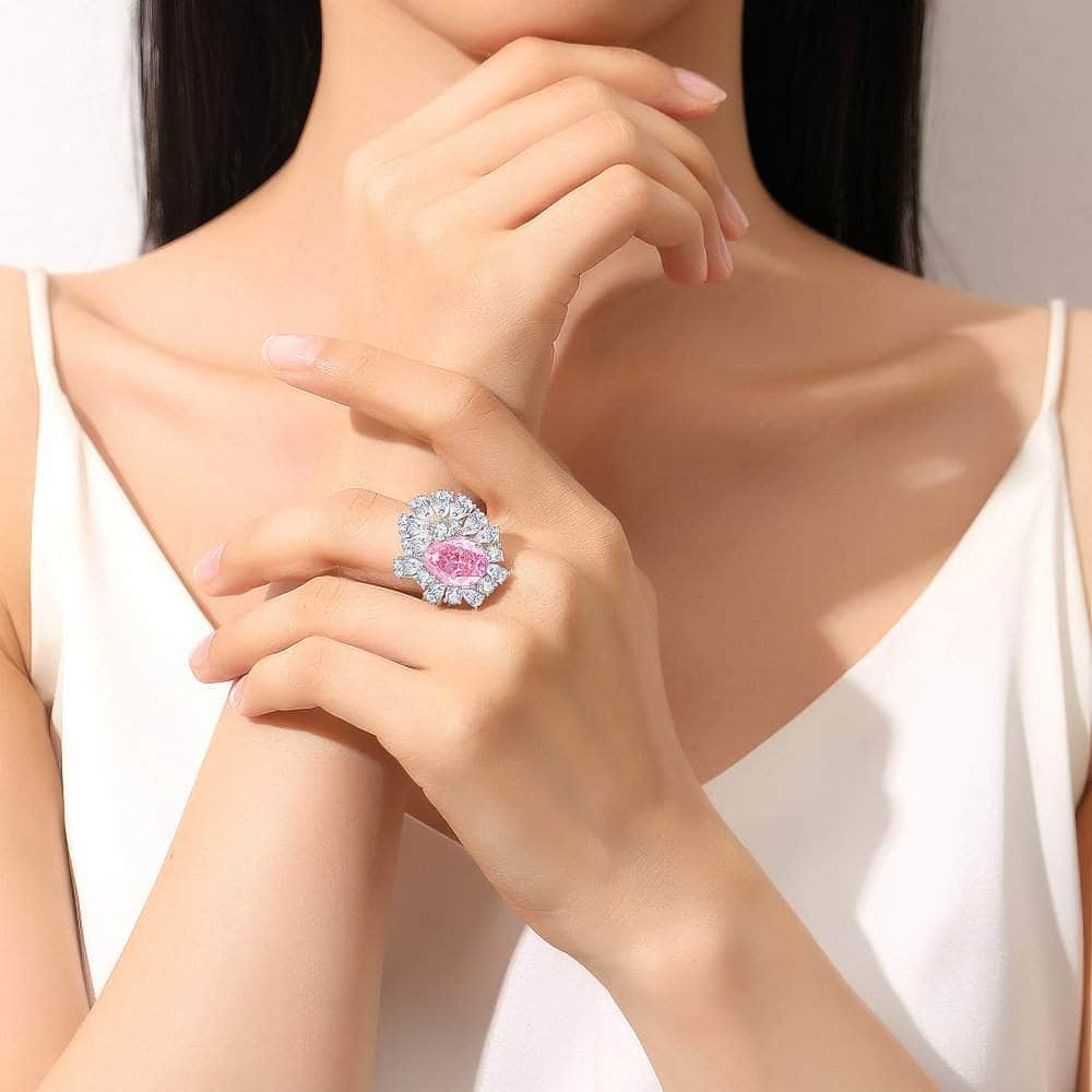 S925 Sterling Silver Pink Sapphire Pear Cut Paved Crystal Lab Diamond Ring