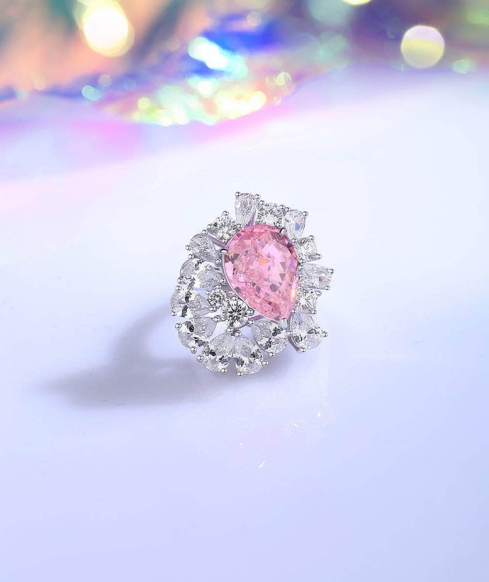 S925 Sterling Silver Pink Sapphire Pear Cut Paved Crystal Lab Diamond Ring