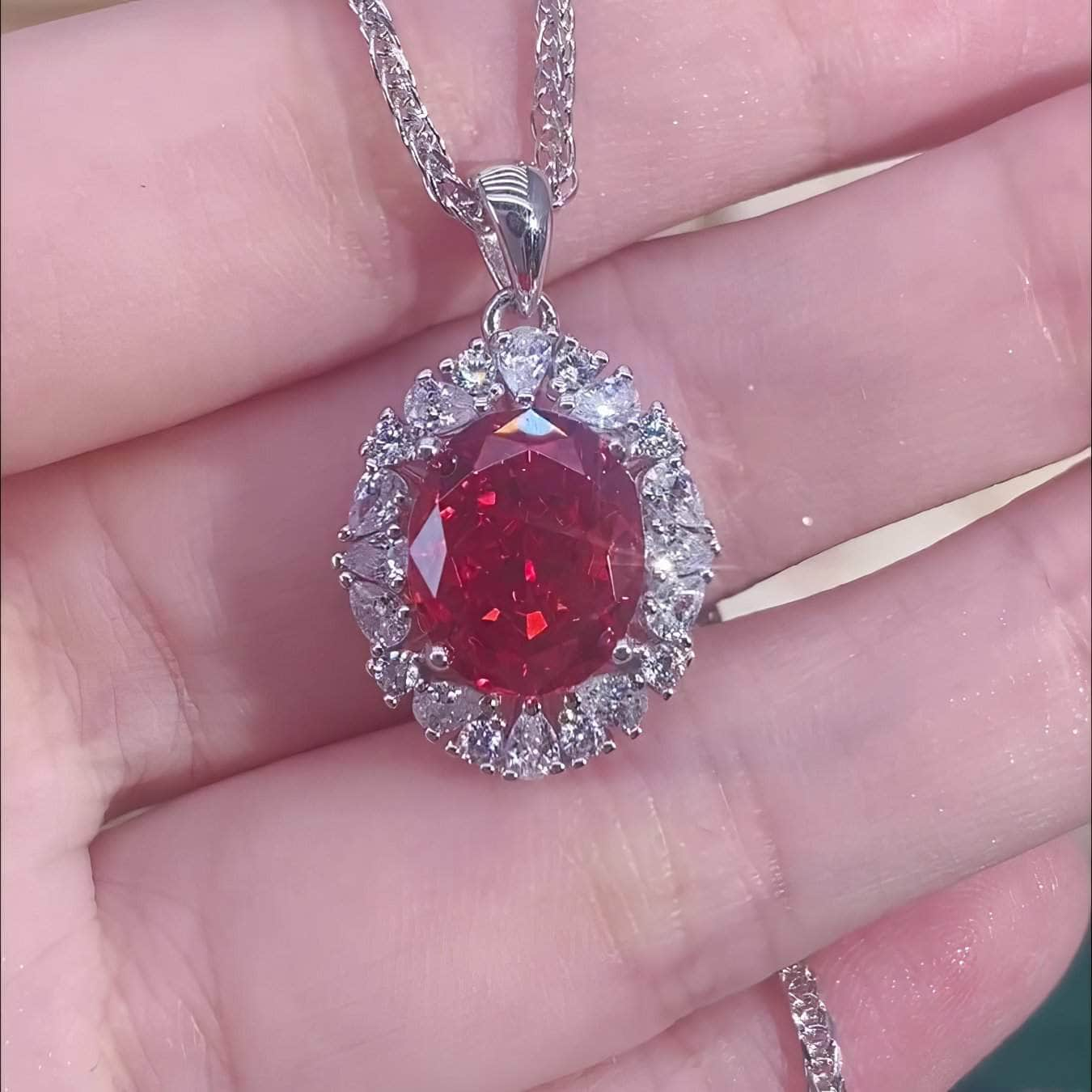 S925 Sterling Silver Ruby Pendant Lab-Generated Diamond Necklace