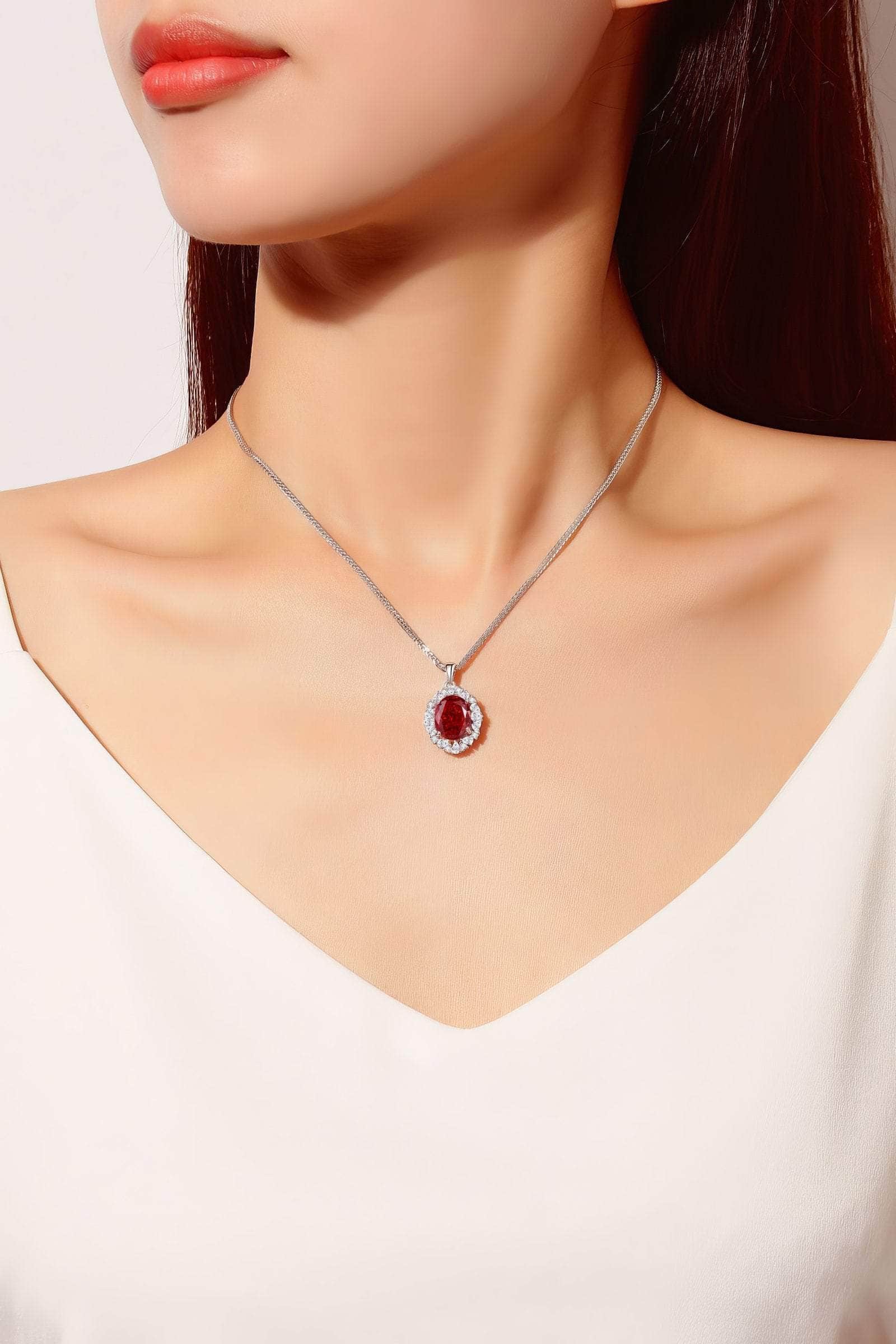 S925 Sterling Silver Ruby Pendant Lab-Generated Diamond Necklace