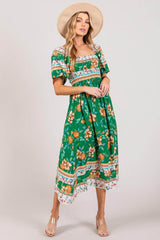 SAGE + FIG Printed Smocked Short Sleeve Midi Dress