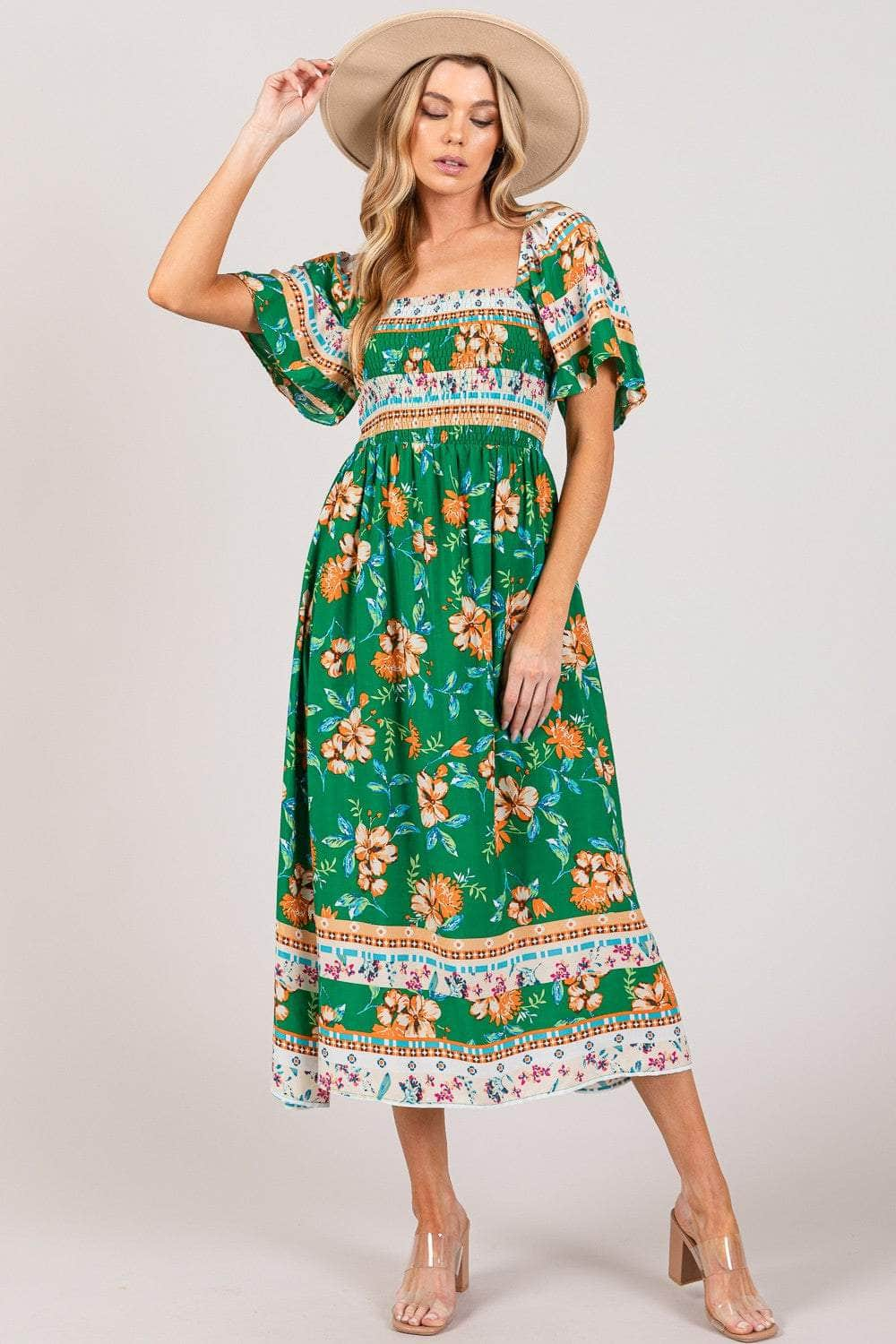 SAGE + FIG Printed Smocked Short Sleeve Midi Dress GREEN / S