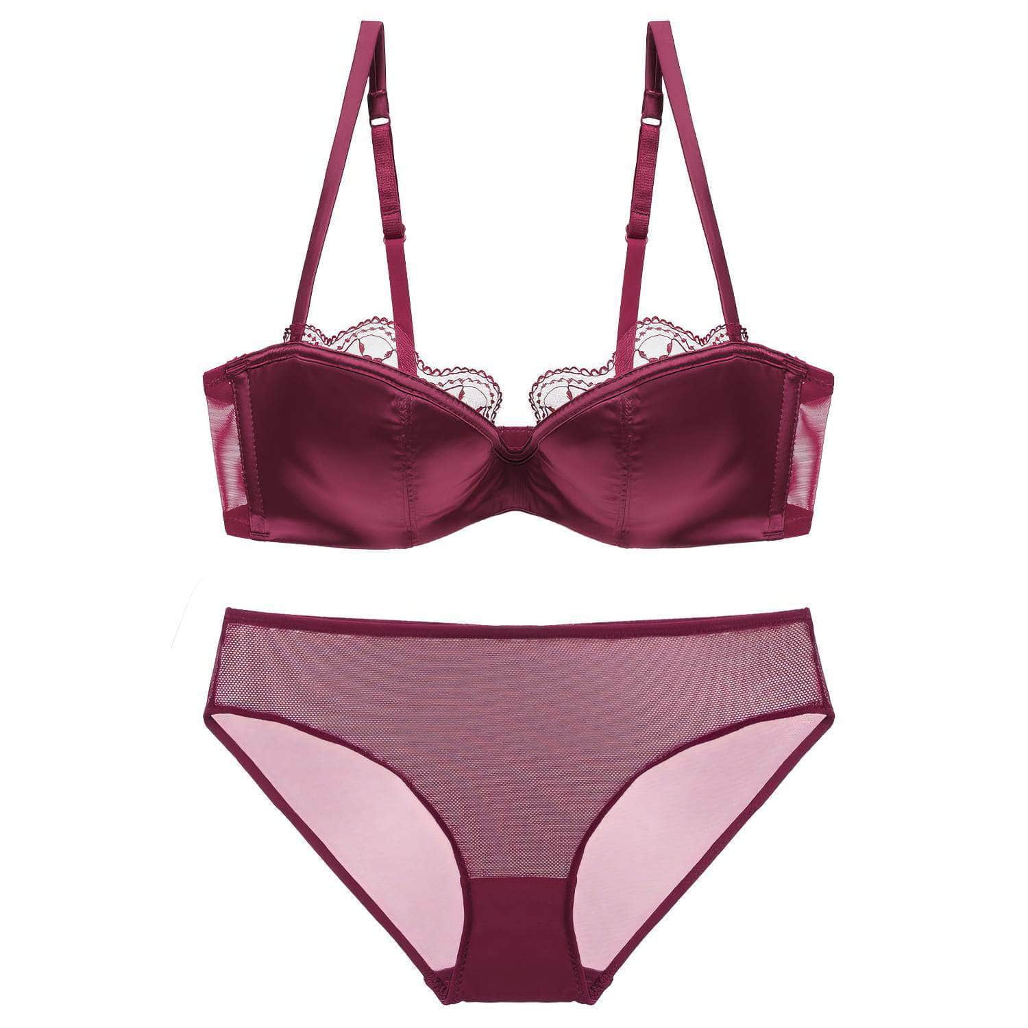 Satin Lace Embroidered Mesh Bra Panty Set 80C / Maroon
