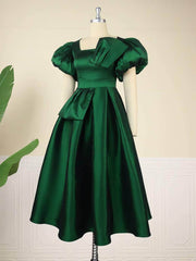 Satin Puff Sleeves Pleated A-line Ball Dress