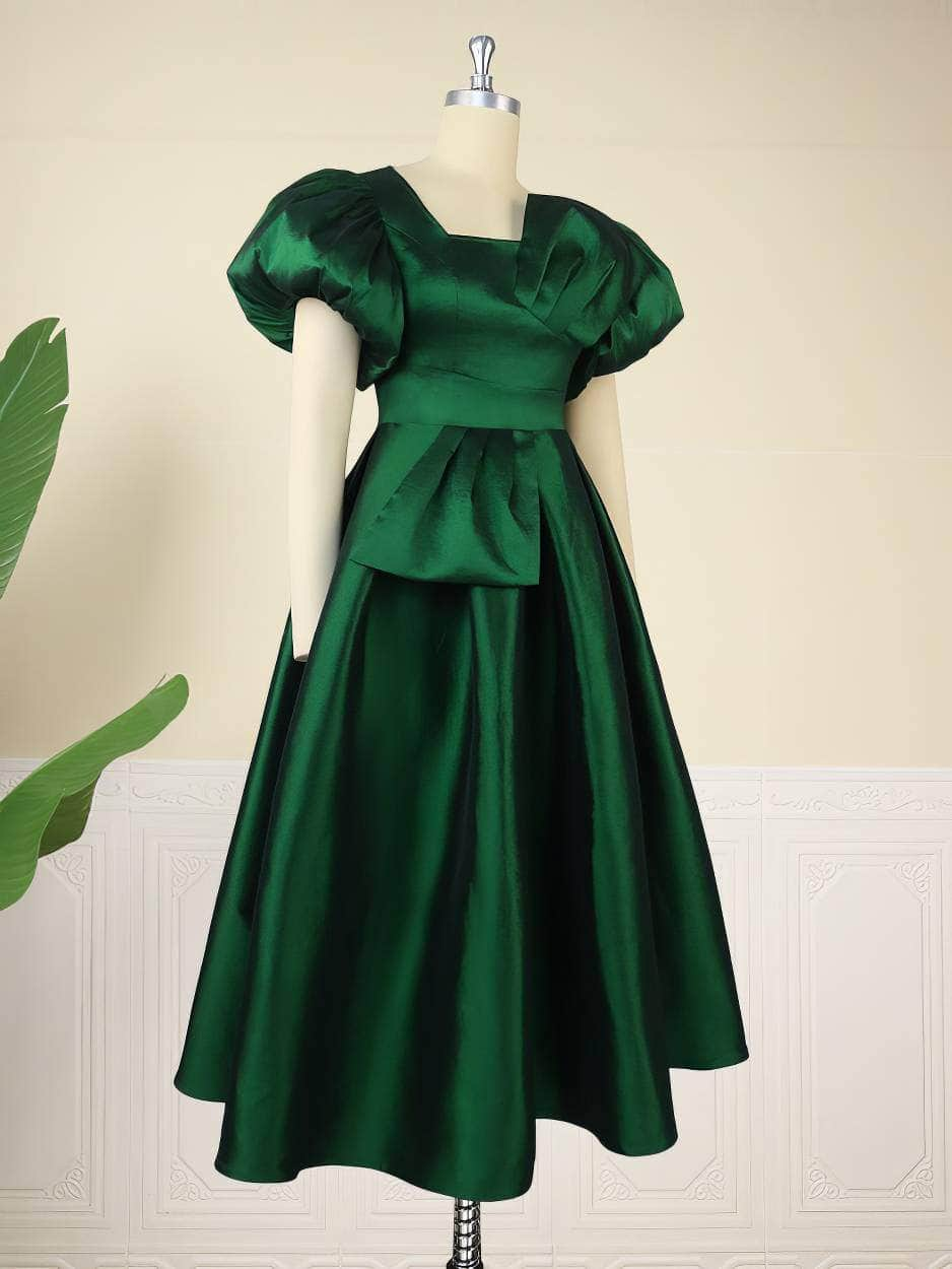 Satin Puff Sleeves Pleated A-line Ball Dress