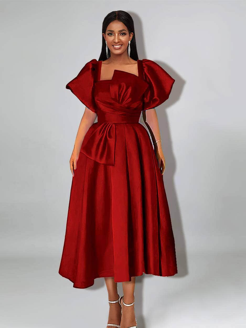 Satin Puff Sleeves Pleated A-line Ball Dress