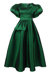 Satin Puff Sleeves Pleated A-line Ball Dress